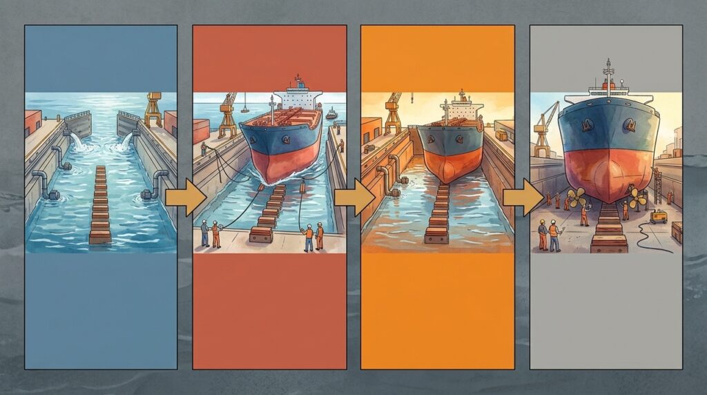 Um gigantesco estaleiro utiliza docas secas, guindastes monumentais e plataformas móveis para construir navios entre os maiores do planeta
