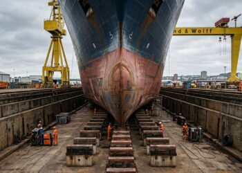 Um gigantesco estaleiro utiliza docas secas, guindastes monumentais e plataformas móveis para construir navios entre os maiores do planeta