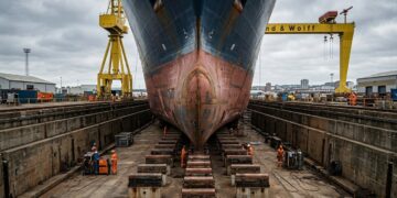 Um gigantesco estaleiro utiliza docas secas, guindastes monumentais e plataformas móveis para construir navios entre os maiores do planeta