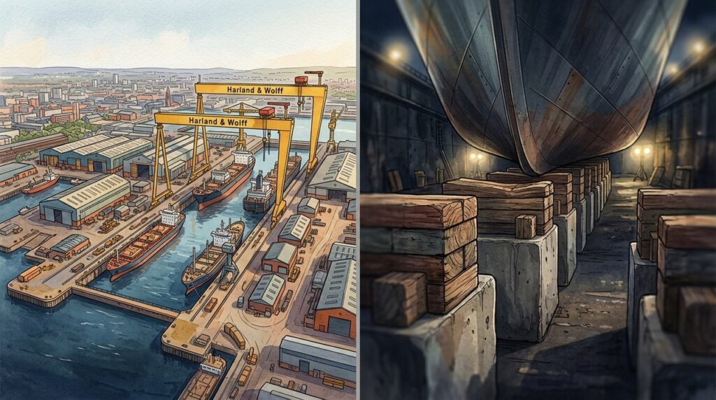 Um gigantesco estaleiro utiliza docas secas, guindastes monumentais e plataformas móveis para construir navios entre os maiores do planeta