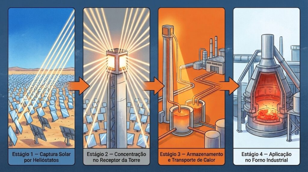 O espelho gigante de uma usina solar acompanha o Sol e produz temperaturas suficientes para fabricar aço e cimento