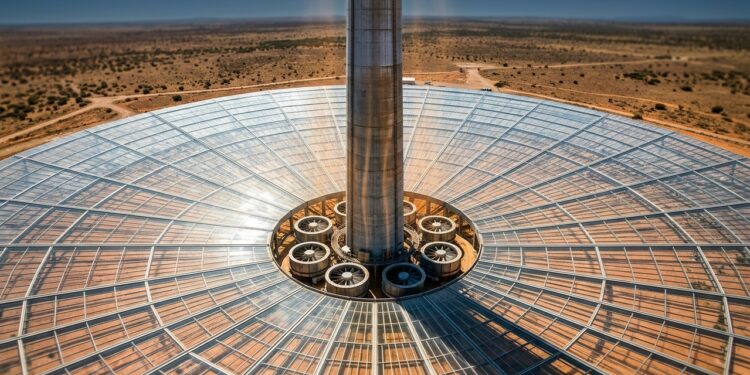 Uma torre solar utiliza o ar aquecido naturalmente para gerar eletricidade sem precisar de painéis fotovoltaicos