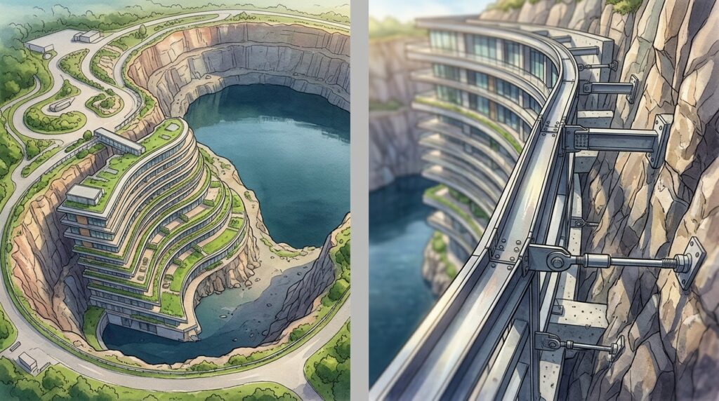Construído dentro de uma pedreira de 88 metros, o InterContinental Shanghai Wonderland desce 16 pavimentos abaixo do solo