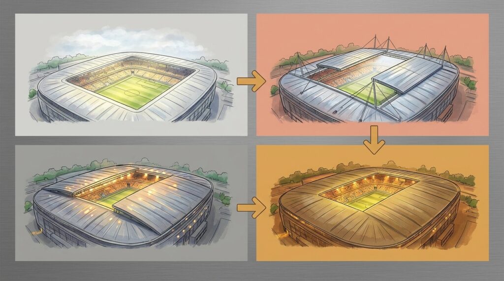 Com uma cobertura retrátil de quase 9 mil m², este estádio fecha o teto para proteger jogos da chuva e do frio
