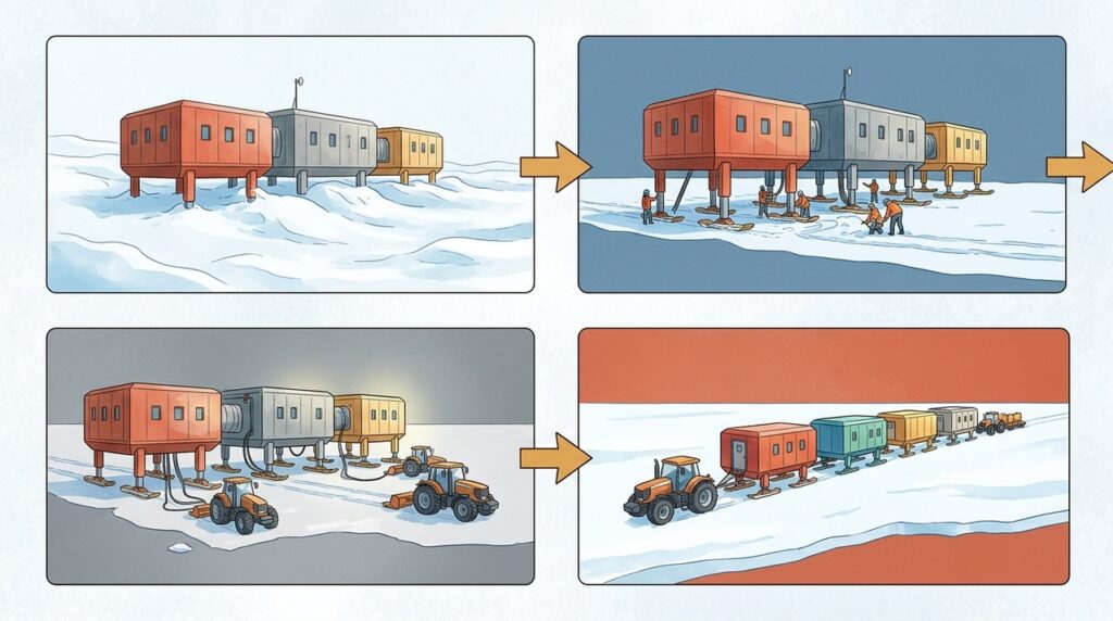 Uma estação científica sobre pernas hidráulicas é levantada periodicamente para não desaparecer sob a neve da Antártida