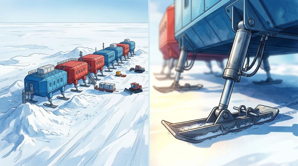Uma estação científica sobre pernas hidráulicas é levantada periodicamente para não desaparecer sob a neve da Antártida