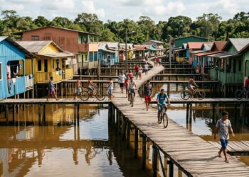 Erguida sobre palafitas, uma cidade amazônica mantém casas e ruas acima das águas durante as cheias
