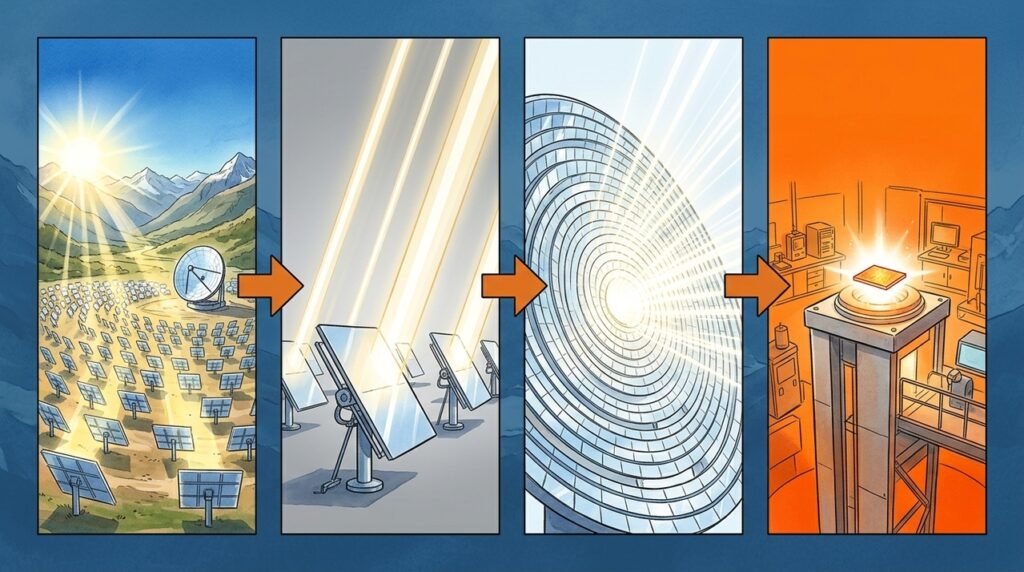 Construído nos Pirenéus franceses, o Forno Solar de Odeillo usa milhares de espelhos para concentrar luz e atingir mais de 3.000 °C