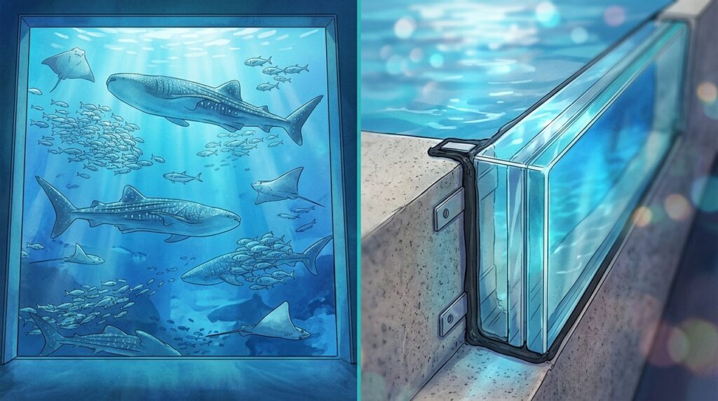 Um aquário gigante utiliza milhões de litros de água e painéis transparentes de enorme espessura para reproduzir ecossistemas marinhos completos