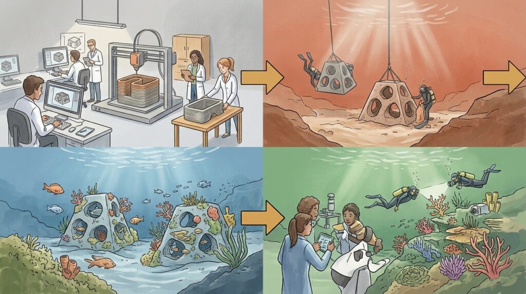 Estruturas impressas em 3D começam a formar recifes artificiais que podem ajudar a acelerar a recuperação da vida marinha