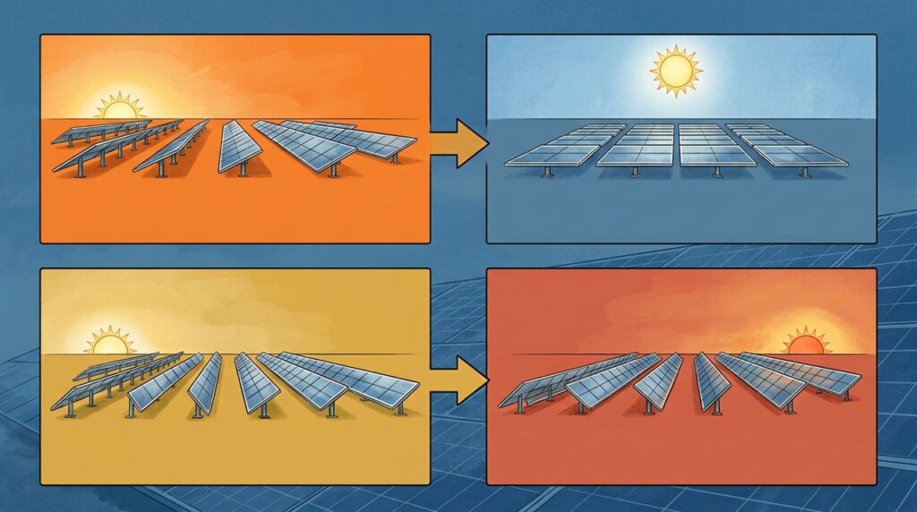Fazendas solares fazem milhares de painéis girarem lentamente para acompanhar o Sol e produzir mais energia