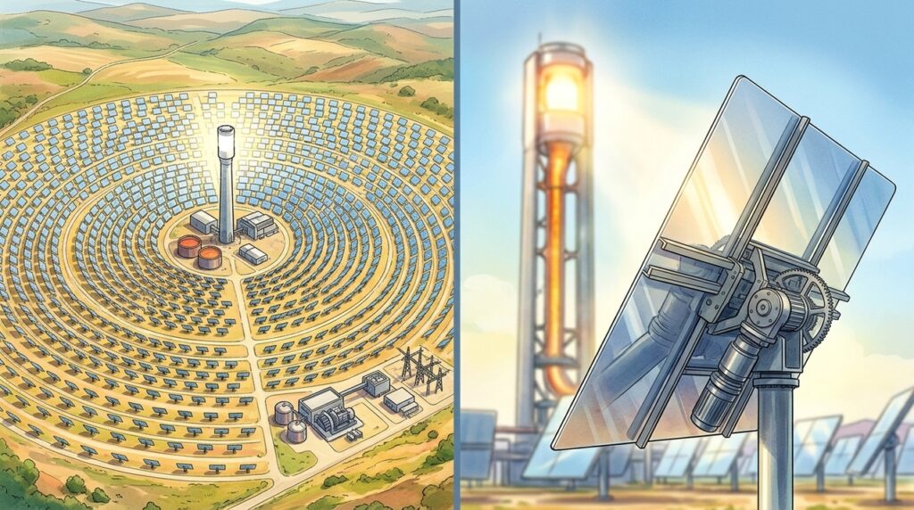 Com espelhos espalhados por um enorme campo solar, a Gemasolar concentra luz suficiente para aquecer sais e produzir energia após o pôr do sol