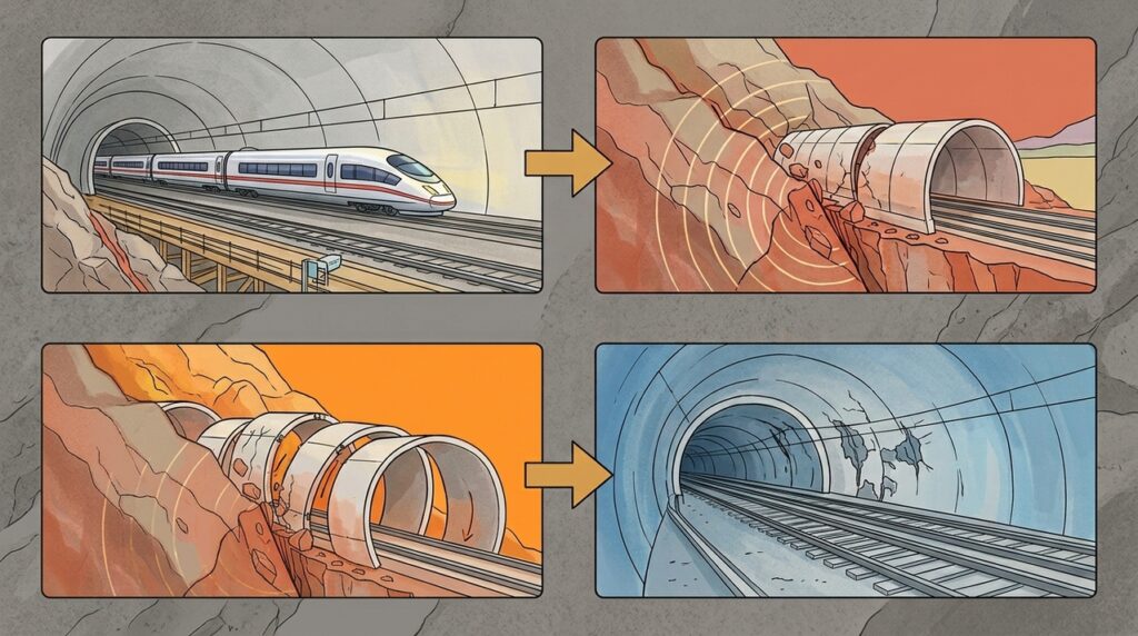 Um túnel ferroviário, o Túnel T9, atravessa uma falha geológica ativa e usa segmentos flexíveis para suportar movimentos futuros da montanha