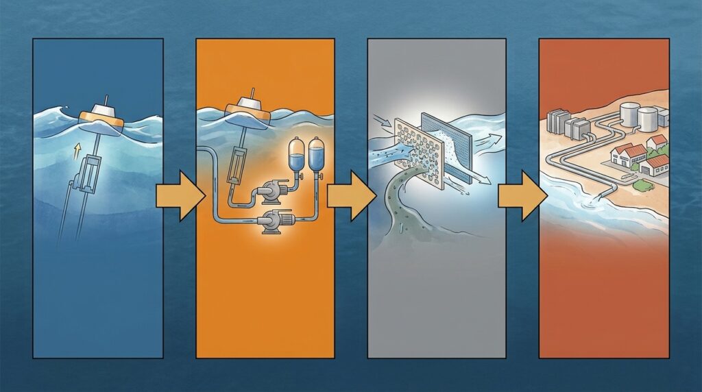 Um sistema de dessalinização por ondas transforma a força do mar em água potável sem depender da rede elétrica ou de grandes usinas