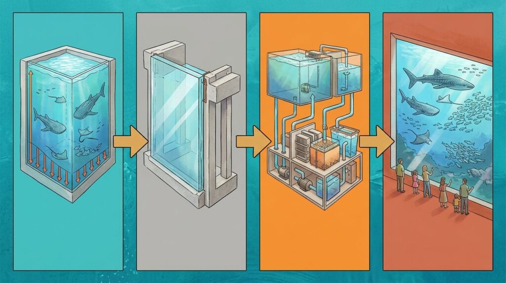 Um aquário gigante utiliza milhões de litros de água e painéis transparentes de enorme espessura para reproduzir ecossistemas marinhos completos