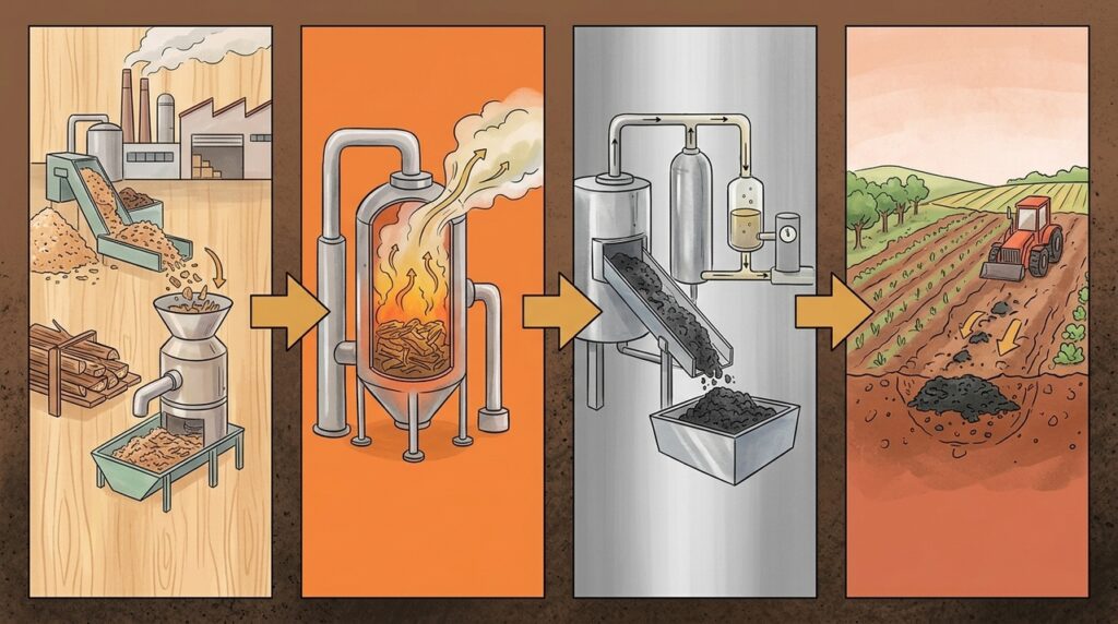 Um sistema transforma resíduos da indústria madeireira em biochar, um carvão vegetal de alta tecnologia capaz de armazenar carbono por décadas