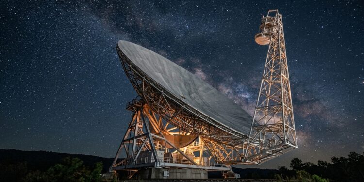 Um gigantesco radiotelescópio, o Green Bank Telescope, acompanha objetos no espaço alterando a própria superfície durante as observações