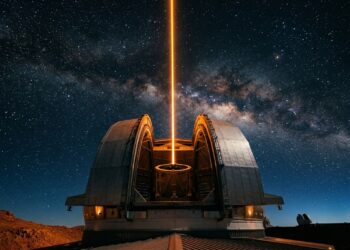 Um gigantesco telescópio instalado no topo de uma montanha utiliza espelhos adaptativos para corrigir a turbulência da atmosfera em tempo real
