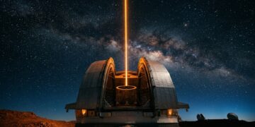 Um gigantesco telescópio instalado no topo de uma montanha utiliza espelhos adaptativos para corrigir a turbulência da atmosfera em tempo real