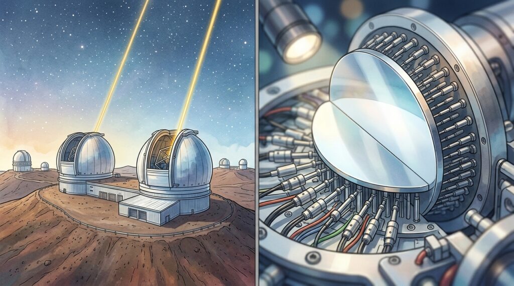 Um gigantesco telescópio instalado no topo de uma montanha utiliza espelhos adaptativos para corrigir a turbulência da atmosfera em tempo real