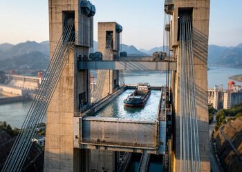 Com 15.500 toneladas equilibradas, um sistema de cabos e contrapesos vence o desnível da barragem