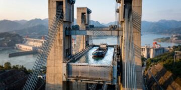 Com 15.500 toneladas equilibradas, um sistema de cabos e contrapesos vence o desnível da barragem