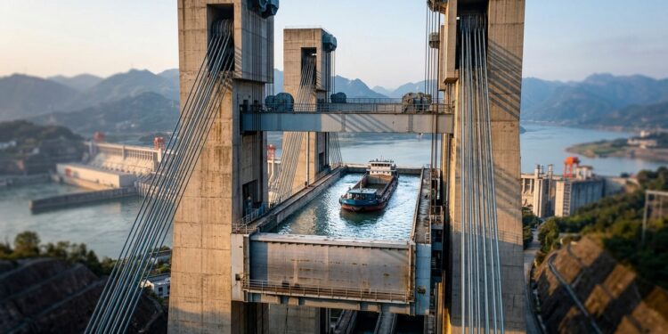 Com 15.500 toneladas equilibradas, um sistema de cabos e contrapesos vence o desnível da barragem