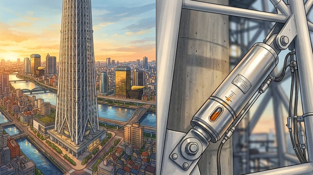 A Tokyo Skytree, uma torre de 634 metros, usa um núcleo de concreto e amortecedores ocultos para resistir aos terremotos do Japão
