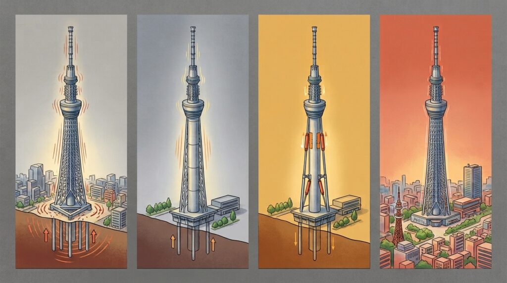 A Tokyo Skytree, uma torre de 634 metros, usa um núcleo de concreto e amortecedores ocultos para resistir aos terremotos do Japão