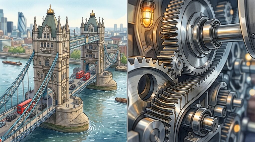 Construída sobre o Tâmisa sem bloquear a navegação, a Tower Bridge ergue duas enormes plataformas para a passagem de grandes navios