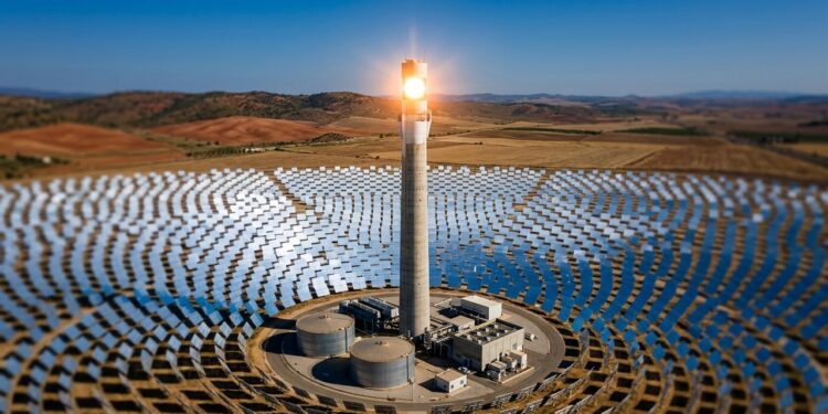 Com espelhos espalhados por um enorme campo solar, a Gemasolar concentra luz suficiente para aquecer sais e produzir energia após o pôr do sol