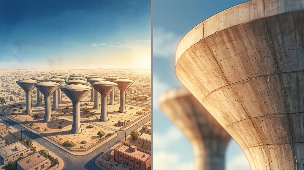 Dezenas de torres de água do Kuwait armazenam mais de 100 milhões de litros e distribuem o volume pela força da gravidade