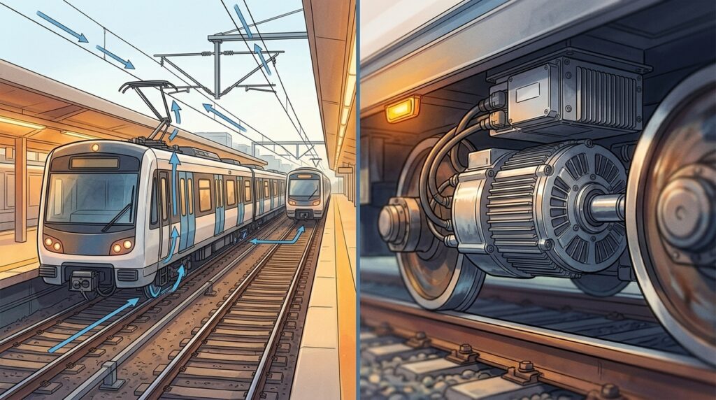 Trens modernos transformam a energia da frenagem regenerativa em eletricidade e devolvem parte dela para a rede