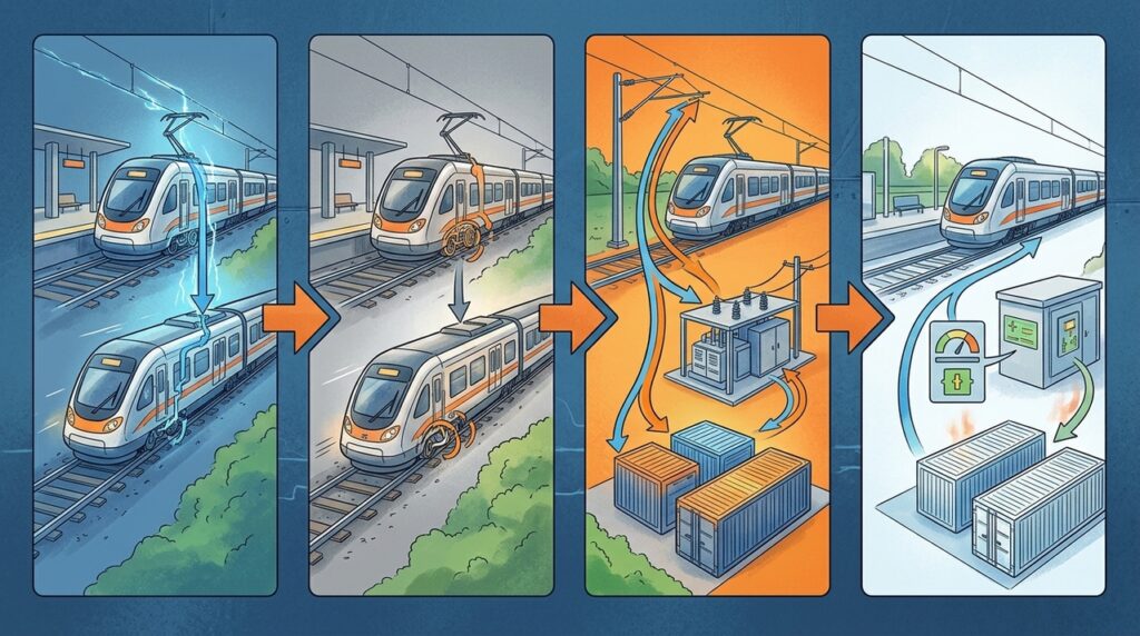 Trens modernos transformam a energia da frenagem regenerativa em eletricidade e devolvem parte dela para a rede