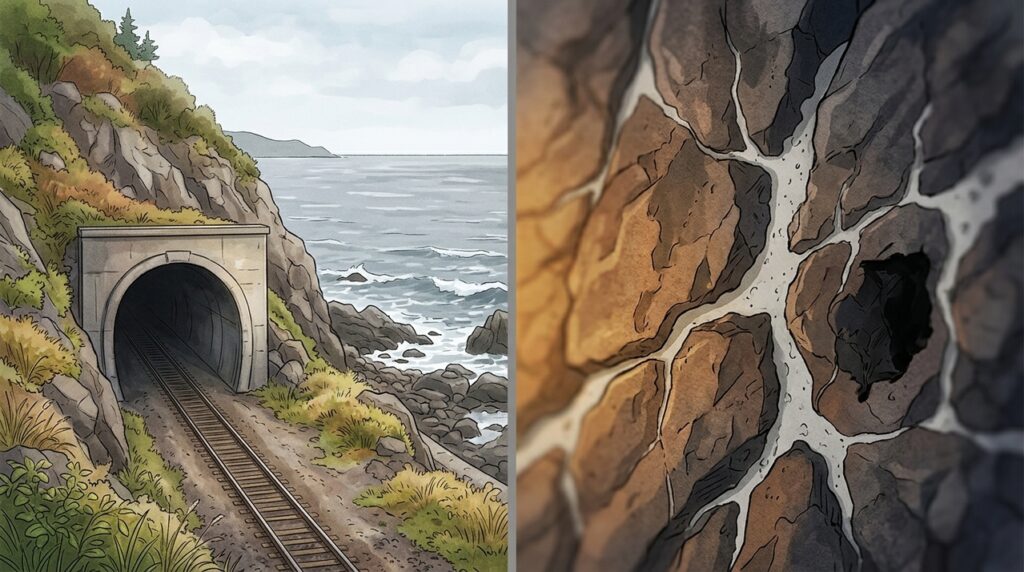 Construído sob um estreito de águas geladas, o Túnel Seikan precisou vencer rochas fraturadas e infiltrações do mar
