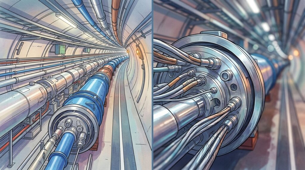 Enterrado sob França e Suíça, o Large Hadron Collider acelera partículas em um anel de 27 quilômetros
