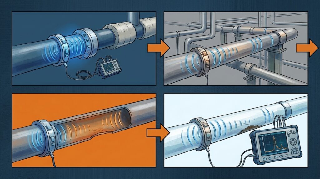 A tecnologia que faz o som viajar pelo aço para localizar perda de espessura em tubulações industriais