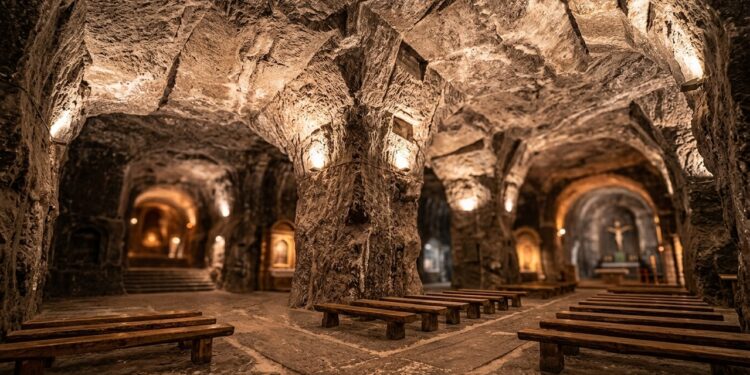 Uma igreja subterrânea foi escavada 180 metros abaixo da terra e transformou antigas galerias de uma mina de sal em uma catedral monumental na Colômbia