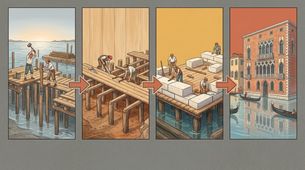 Construído sobre estacas de madeira, um palácio veneziano continua de pé mesmo cercado por água há séculos