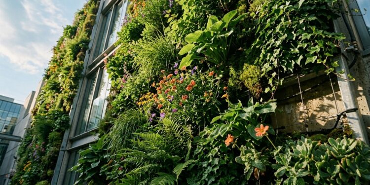 Uma parede coberta por plantas pode reduzir o calor da fachada, reter chuva e diminuir parte da energia usada na climatização