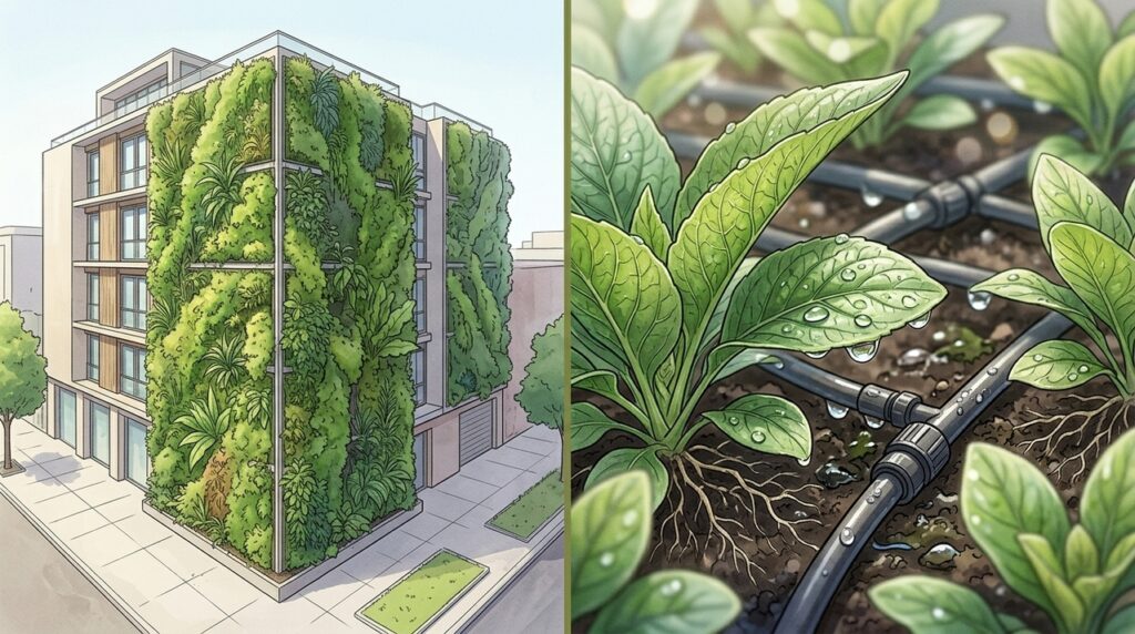 Uma parede coberta por plantas pode reduzir o calor da fachada, reter chuva e diminuir parte da energia usada na climatização
