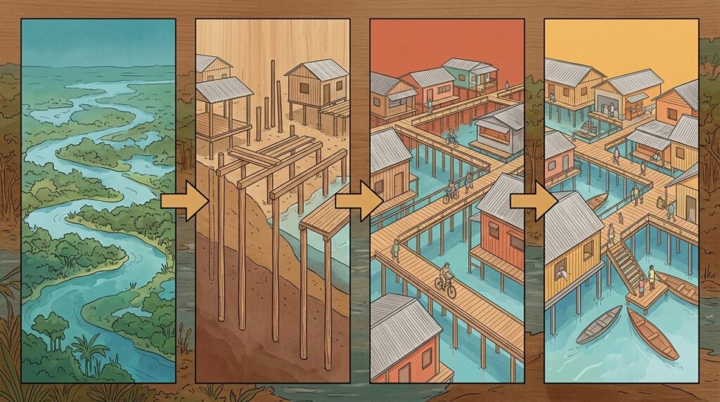 Erguida sobre palafitas, uma cidade amazônica mantém casas e ruas acima das águas durante as cheias