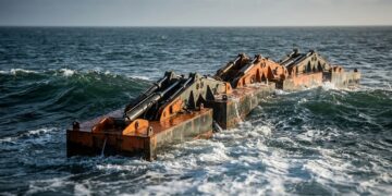 Ondas do oceano movimentam enormes conversores de ondas que tentam transformar o sobe e desce do mar em eletricidade
