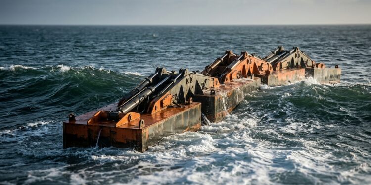 Ondas do oceano movimentam enormes conversores de ondas que tentam transformar o sobe e desce do mar em eletricidade