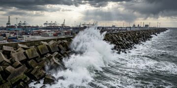 Um enorme quebra-mar de concreto protege um dos portos mais movimentados do mundo desde a expansão da Maasvlakte 2