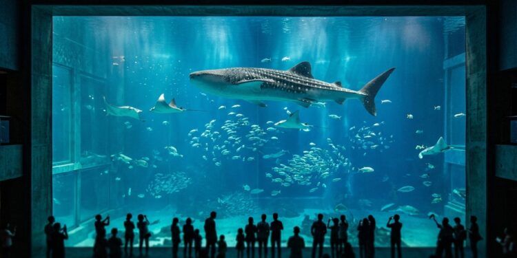 Um aquário gigante utiliza milhões de litros de água e painéis transparentes de enorme espessura para reproduzir ecossistemas marinhos completos