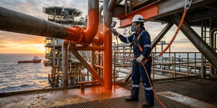Pintor industrial offshore protege estruturas contra corrosão