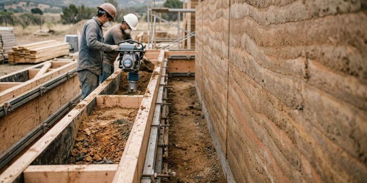 Terra compactada na construção