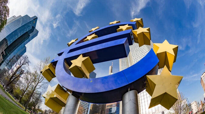 Frankfurt, Germany - March 29, 2014: Euro Sign. European Central Bank (ECB) is the central bank for the euro and administers the monetary policy of the Eurozone in Frankfurt, Germany.
